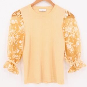 Milly Organza Floral Puff Sleeve Sweater Top Coquette Fairy Butter Yellow Size S